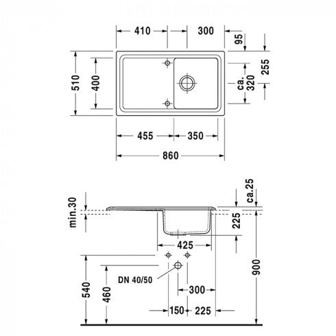 Évier de cuisine Cassia 1 bac — 86 × 51 cm — Blanc brillant — Duravit